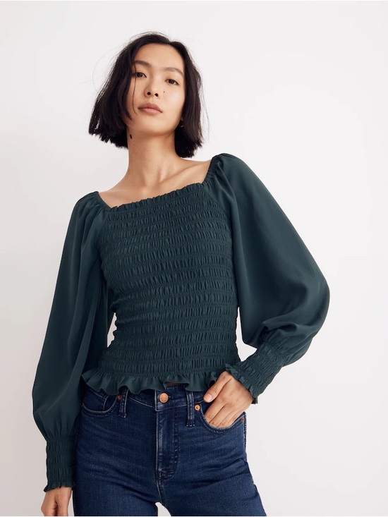 Madewell Tops - Madewell - Lucie Smocked Bubble Long Sleeve Hunter Green Blouse Size XXS